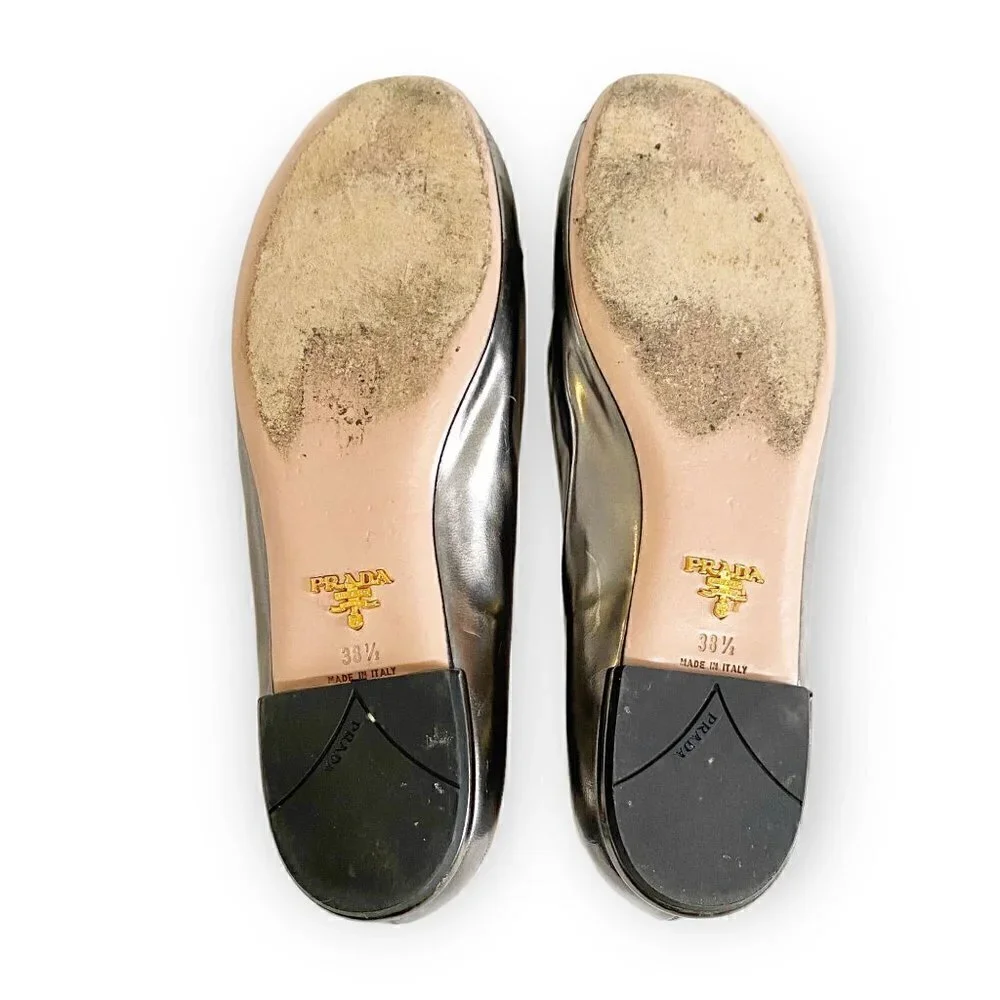 Prada pewter leather jewelled flats, size 38.5 EU